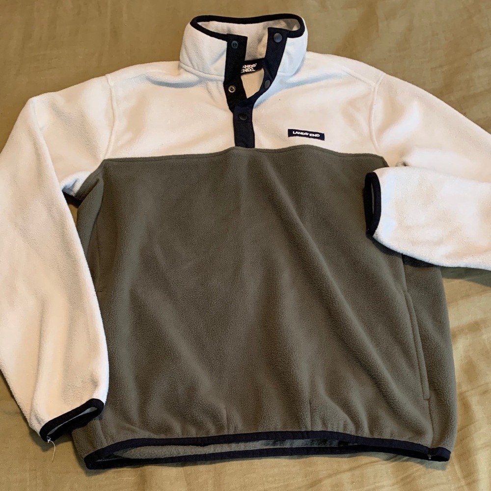 Lands' End White and Green Fleece Sweater